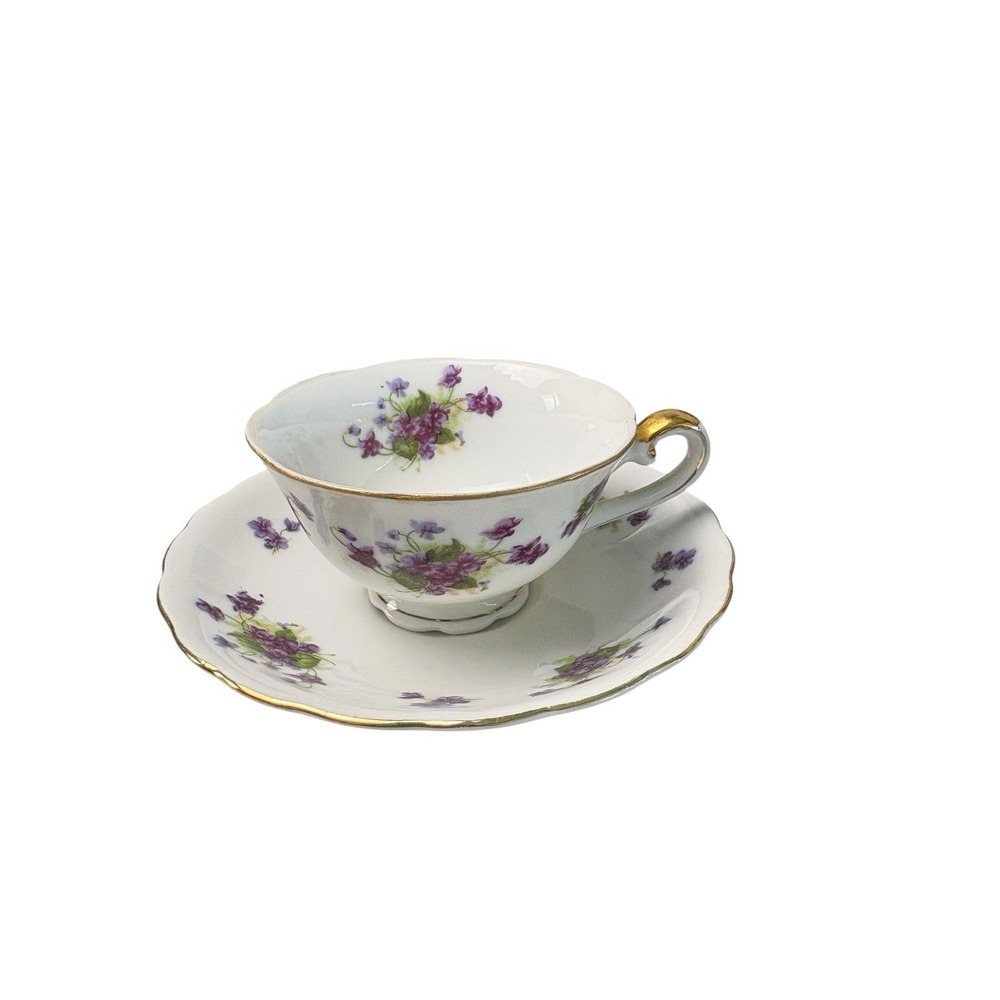 Vintage Crown China Hand Painted Violet Tea Cup & Saucer England